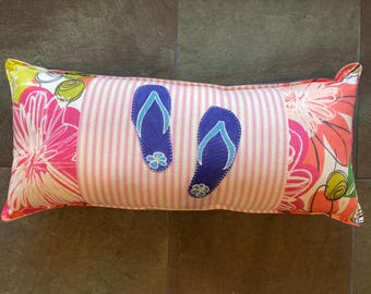Floral and Flip Flops beach house tropical pillow about 9"X 20" pink yellow green with  blue ticking stripe back
