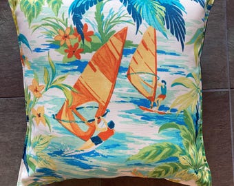 Windsurfing Pillow in orange blue and green Maui Wind Surfing Hood River Oregon The Gorge 16"X16"