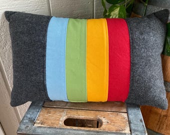 NEW design Gray Stripe vintage style alpine pillow about 12"X19" with canvas and felt