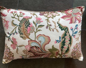 Vintage floral fabric pillow with tan ticking stripe back about 11" X 16"