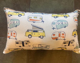 Vintage Retro van pop top bus and trailer fabric pillows with ticking stripe back about 9" x 16"