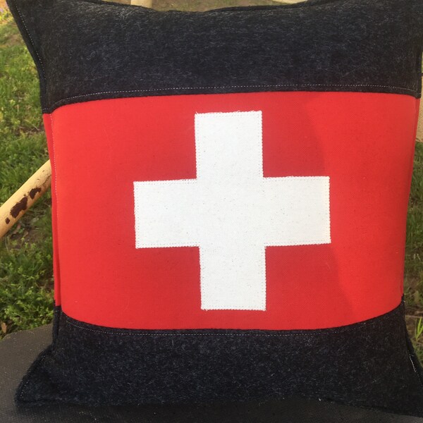 Ski Patrol First Aid Swiss Cross Army small accent pillow about 16" X 16" red and grey FELT made upon ordering