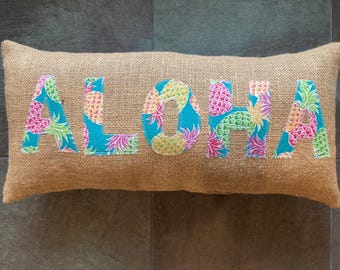 New Color ALOHA accent pillow with green pink pineapple and burlap with stripe long pillow about 9.5" x 20" Hawaiian surf safari style