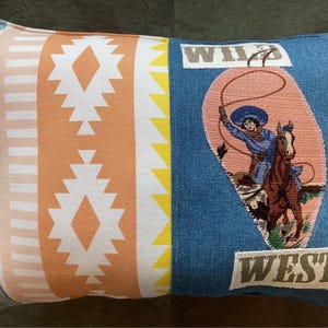 WILD WEST cowgirl denim and stripe print pillow about 11" X 15" pink blue accent pillow