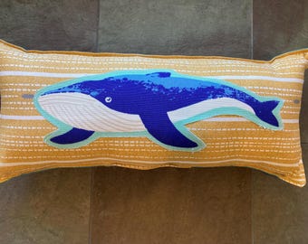 New Humpback WHALE accent pillow on gold and teal back long pillow about 8" x 20" beach surf style
