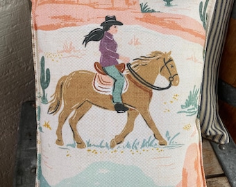 NEW vintage style cowgirl western print pillow about 9"x12" with a tan ticking back smaller size