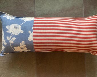 Floral and Stripes long pieced pillow 8 X 20” red white and blue Americana