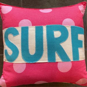 SURF accent pillow with turquoise blue aqua pink and tribal print back about 14" x 14"