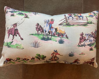 NEW vintage style light blue aqua western print pillow with denim back about 9"x15" with a denim back