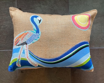 Artistic Flamingo Beach waves burlap tropical pillow about 12" X 16" with a blue natural ticking stripe back
