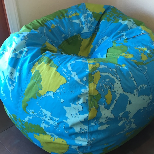 CUSTOM Modern Bright Style Earth Globe and World Map Bean Bag chair ocean blue and green made to order cover and liner WITHOUT FILL
