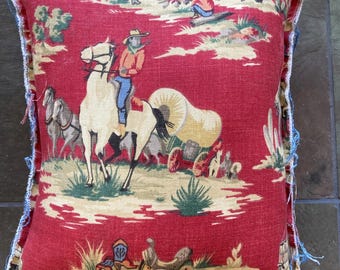 NEW vintage style red western print pillow with frayed edges about 10"x12" with a denim back