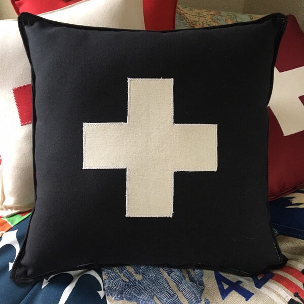 New! Ski Patrol First Aid Swiss Cross Army small accent pillow about 13" X 13" BLACK and natural canvas