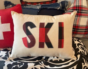 Ski chalet alpine pillow about 12"X 16" with buffalo plaid red and black fabric skiing