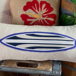 New SURFBOARD accent pillow on natural canvas and navy ticking striped back long pillow about 8" x 20" california surf safari style