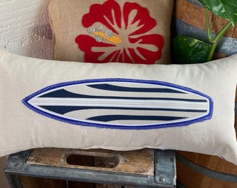 New SURFBOARD accent pillow on natural canvas and navy ticking striped back long pillow about 8" x 20" california surf safari style