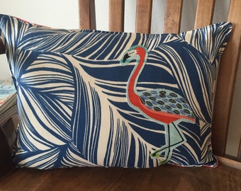 Flamingo and palm print beach house tropical pillow 12" X 16" with a coral chevron print back