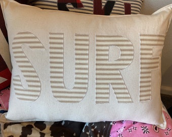 SURF accent pillow with Natural and tan about 12" x 16" california surf safari style cream