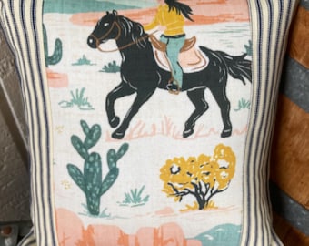 NEW vintage style cowgirl western print pillow about 12"x12" with a yellow striped back