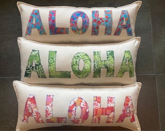 ALOHA accent pillow with Hawaiian floral and natural long pillow about 7" x 19" hawaii style