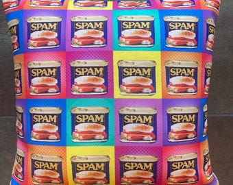 SPAM pillow in Warhol style print about 16"x16" kitschy and cute with yellow striped back and removable cover hawaii
