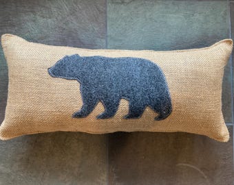 Burlap BEAR pillow about 18" X 8" lodge decor with charcoal gray felt and plaid back