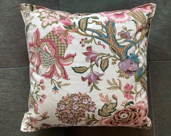 Vintage floral fabric pillow with tan ticking stripe back pink roses 16" x 16"