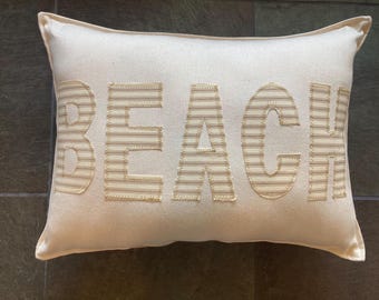 BEACH accent pillow with Natural and tan about 12" x 16" california surf safari style cream