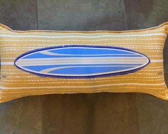 New SURFBOARD accent pillow on gold and blue damask print back long pillow about 8" x 20" california surf safari style
