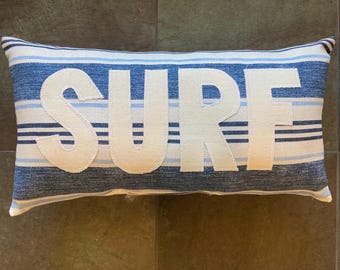 SURF accent pillow with Blue white stripe and natural letters about 9" x 17" california surf safari style NEW ticking back