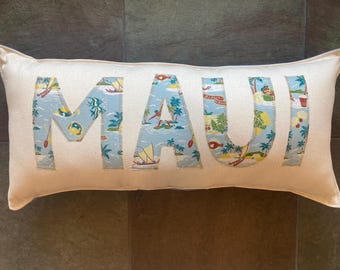New MAUI accent pillow with light blue vintage style print with back stripe long pillow about 9.5" x 20" Hawaiian surf safari style