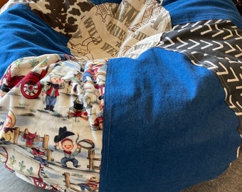 Retro Rodeo Cowboy with faux furry cow denim soft cowboy print fun vintage styled bean bag chair UNFILLED with liner