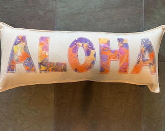 New Color ALOHA accent pillow with orange purple hibiscus and natural canvas long pillow about 7" x 19" Hawaiian surf safari style