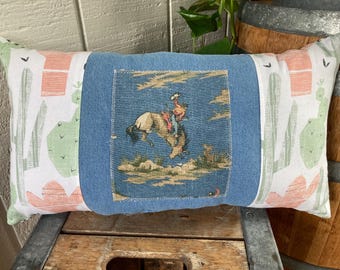 Vintage style western SOUTHWEST cactus print pillow about 10" X 19" cowboy accent pillow