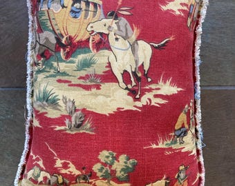 NEW vintage style red western print pillow with frayed edges about 9"x12" with a denim back