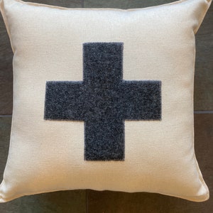 Ski Patrol Swiss Cross small accent pillow about 12”x 12” natural canvas with charcoal gray