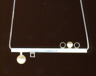 Pearl horizonal minimalist sterling silver square bar geometric necklace