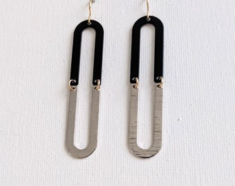 Black and silver hinged paperclip oval hoop geometric minimalist earrings