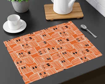 Halloween placemat, ghost, eyes, orange, black, white, mid-century, entertaining, holiday, autumn, fall, spooky, cute, dining room, kitchen