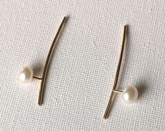 Gold filled or Sterling Silver bar earrings with freshwater pearls