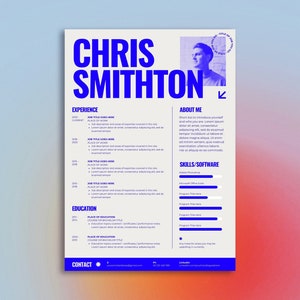 May include: A blue and white resume template featuring the name Chris Smithton at the top. The resume includes sections for experience, education, skills and software, and about me. The resume is designed with a modern and clean aesthetic.