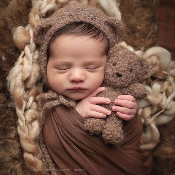 Hand knit small fluffy teddy bear , newborn photography prop
