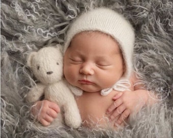 Hand knit small fluffy teddy bear , newborn photography prop