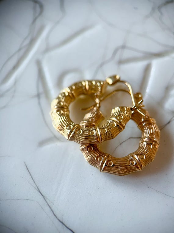 Bamboo Chunky 10k Yellow Gold Hoop Earrings View 4