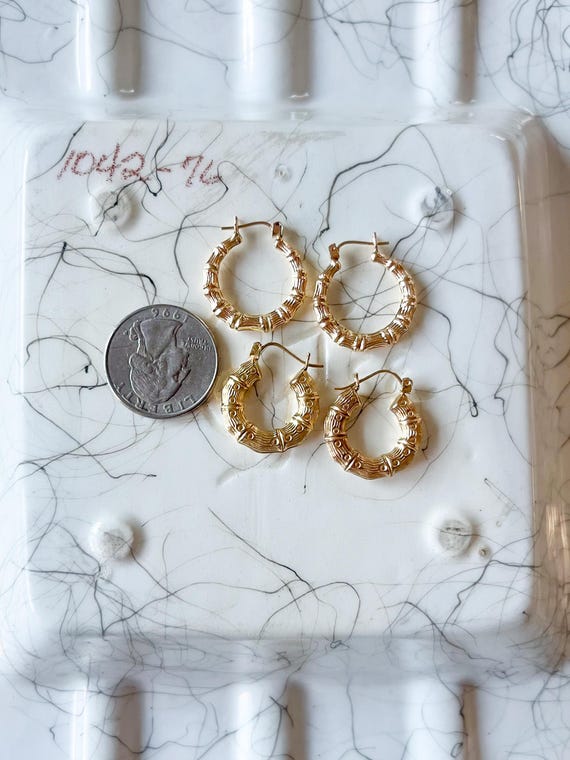 Bamboo Chunky 10k Yellow Gold Hoop Earrings View 6