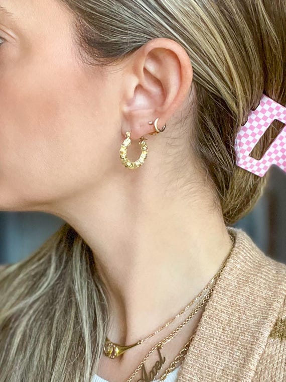 Bamboo Chunky 10k Yellow Gold Hoop Earrings View 3