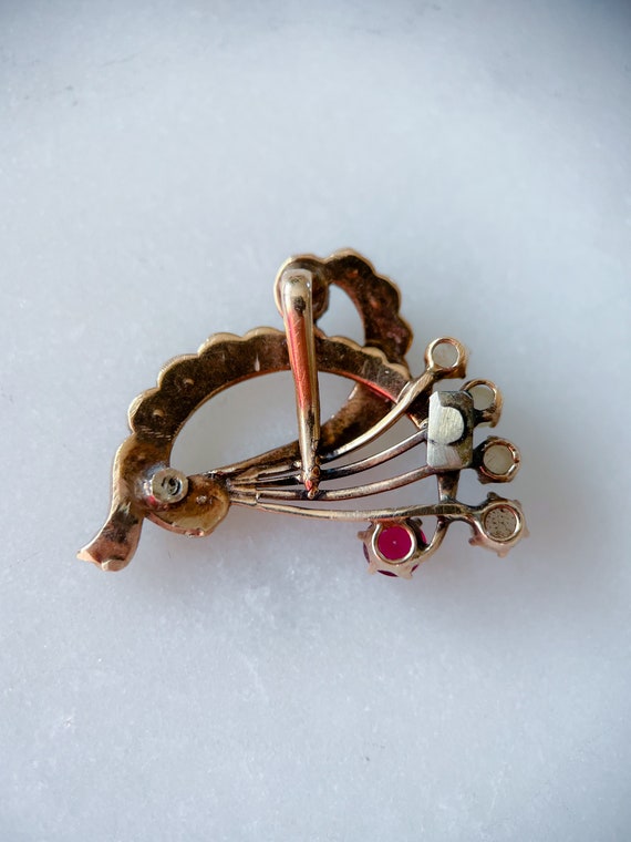 Victorian Era Pearl and Ruby Brooch - 14k Yellow … - image 3