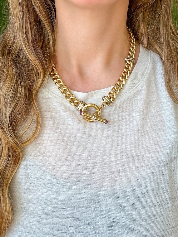 Vintage Two Tone, Chunky Curb Chain Necklace with… - image 1
