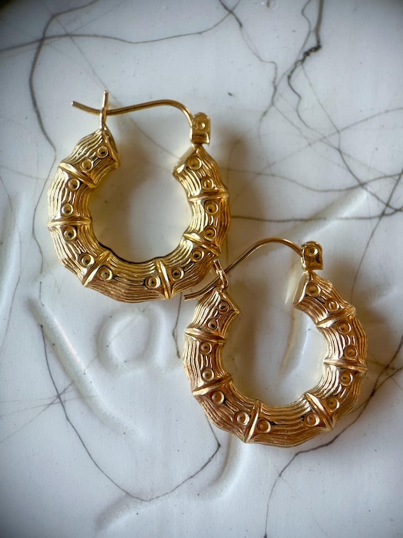 Bamboo Chunky 10k Yellow Gold Hoop Earrings