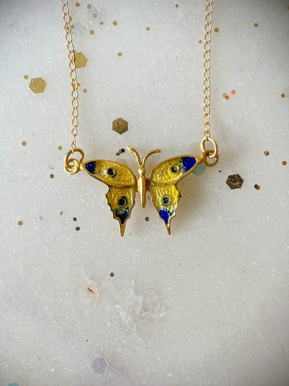 Vintage Butterfly Enamel Necklace with Chain